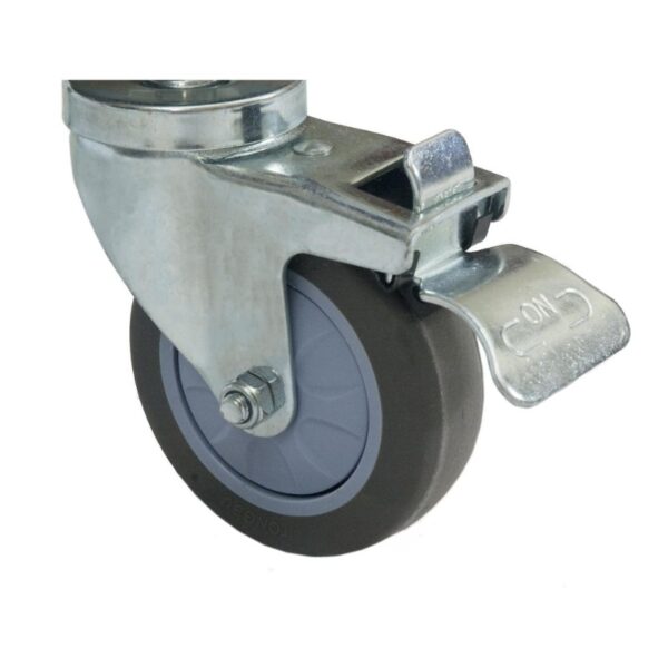 Heavy-duty swivel caster wheel with brake, ideal for furniture and equipment mobility.