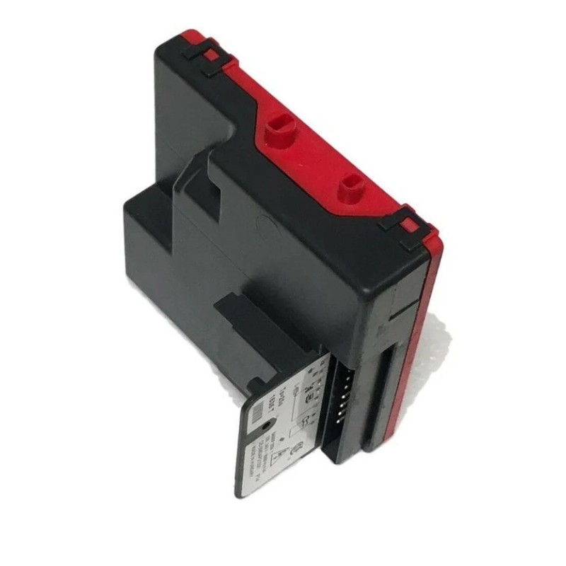 Black and red electronic component with a circuit board, commonly used in machinery or automotive applications.