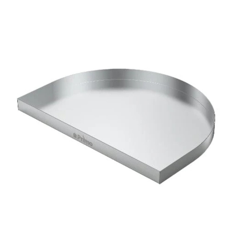 c3ddb4c8-831c-4b84-aec5-4fbe4c834ea8.jpg Stainless steel cooking tray with a curved edge, designed for grilling and baking.