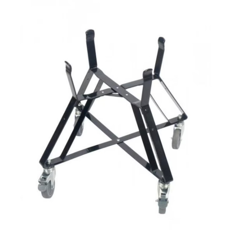 Heavy-duty black metal cart with wheels, designed for mobility and stability in various settings. Ideal for workshops and garages.