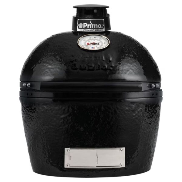 Primo ceramic grill in black with a temperature gauge on top, designed for versatile cooking and grilling.