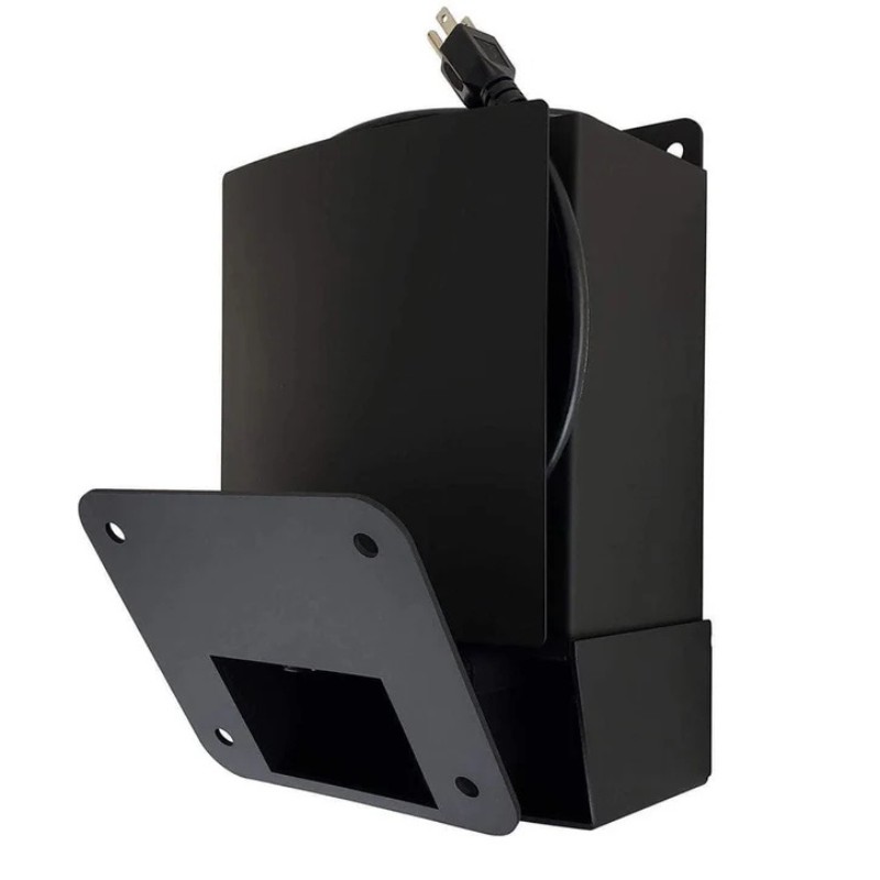 Black wall-mounted power outlet with a plug, designed for easy installation and accessibility. Ideal for home or office use.