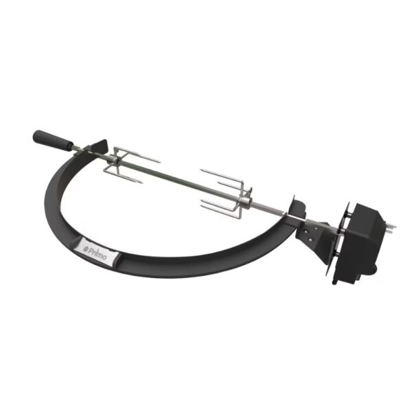 Primo rotisserie attachment for outdoor grills featuring a stainless steel spit and fork, designed for even cooking of large cuts of meat.
