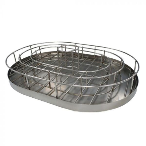 Stainless steel oval dish rack with multiple tiers for efficient drying and organization of dishes.
