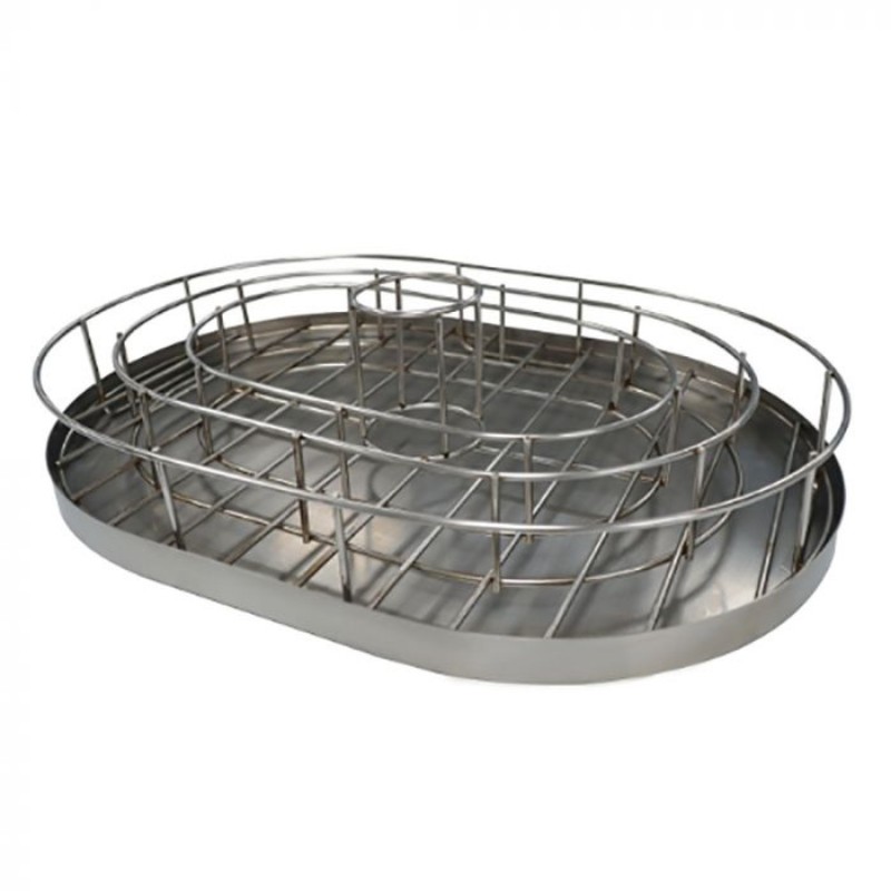 d6fbbb40-f301-48d4-b37b-e9c6805d7489.jpg Stainless steel oval dish rack with multiple tiers for efficient drying and organization of dishes.