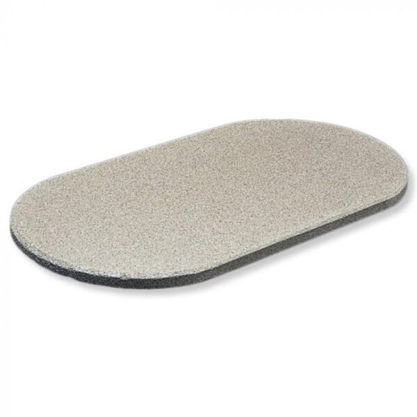 Light gray oval stone cutting board, ideal for food preparation and serving.