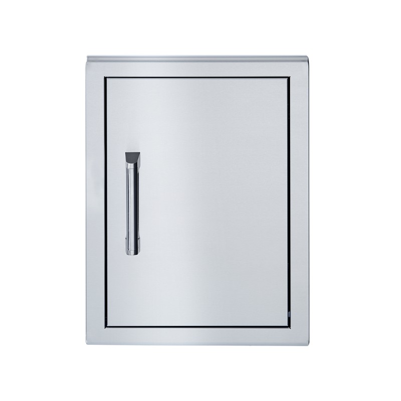 Stainless steel outdoor kitchen storage cabinet with a sleek design and a modern handle. Ideal for organizing grilling supplies and outdoor utensils.