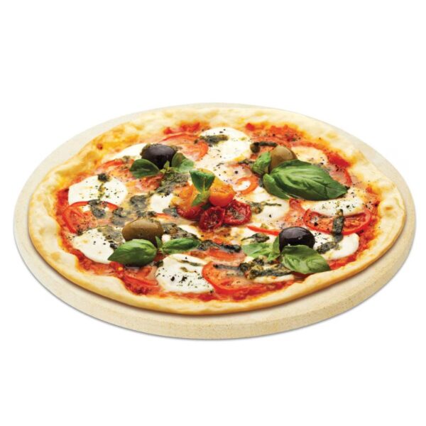 Freshly baked pizza topped with mozzarella, tomatoes, olives, and basil on a wooden pizza board.