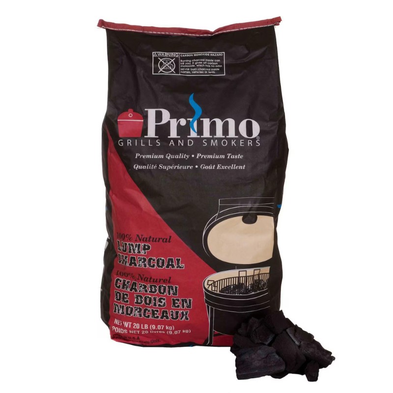 Primo Grills and Smokers 20 lb bag of 100% natural lump charcoal, ideal for grilling and smoking, featuring premium quality and taste.