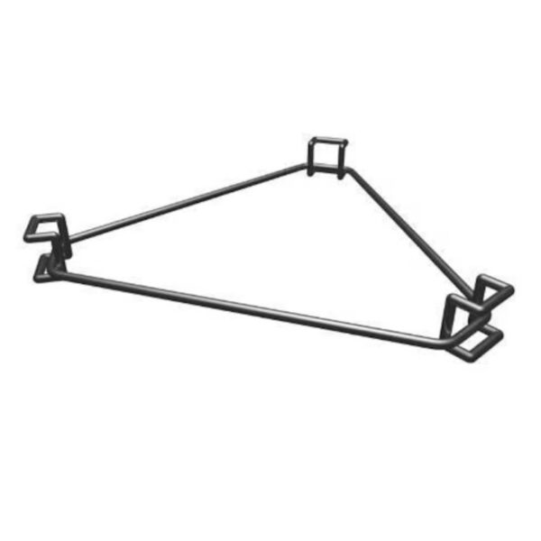 Black triangular metal frame for supporting outdoor cooking equipment or grills.