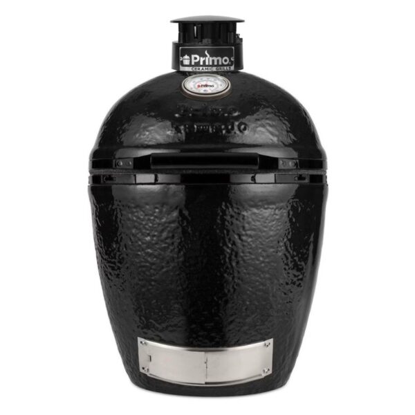 Primo ceramic grill in glossy black finish, featuring a domed shape and stainless steel base. Ideal for grilling, smoking, and baking.