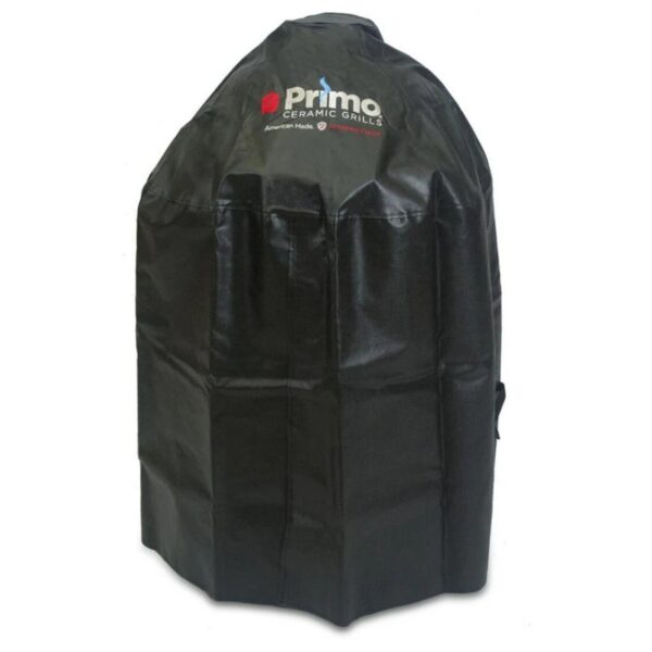 Primo ceramic grill cover designed for weather protection and durability, featuring a sleek black exterior and the Primo logo.