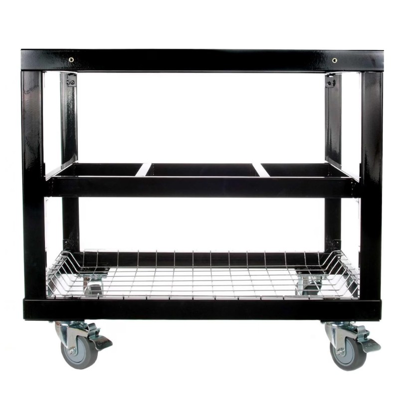 e22e12df-61a8-4bab-877c-f1c43d007f1e.jpg Black utility cart on wheels with two shelves, featuring a wire bottom for storage and mobility. Ideal for organizing tools or supplies in various settings.