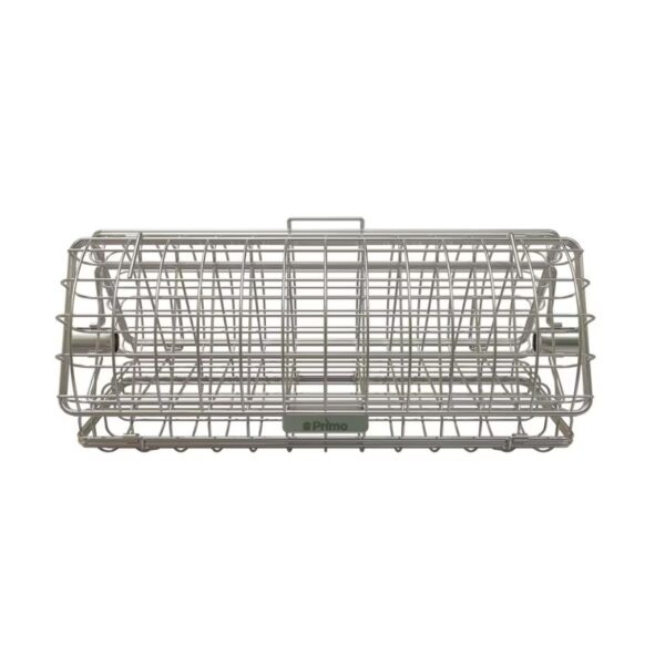 Primo stainless steel grilling basket for outdoor cooking, designed for even heat distribution and easy food access. Ideal for grilling vegetables and seafood.