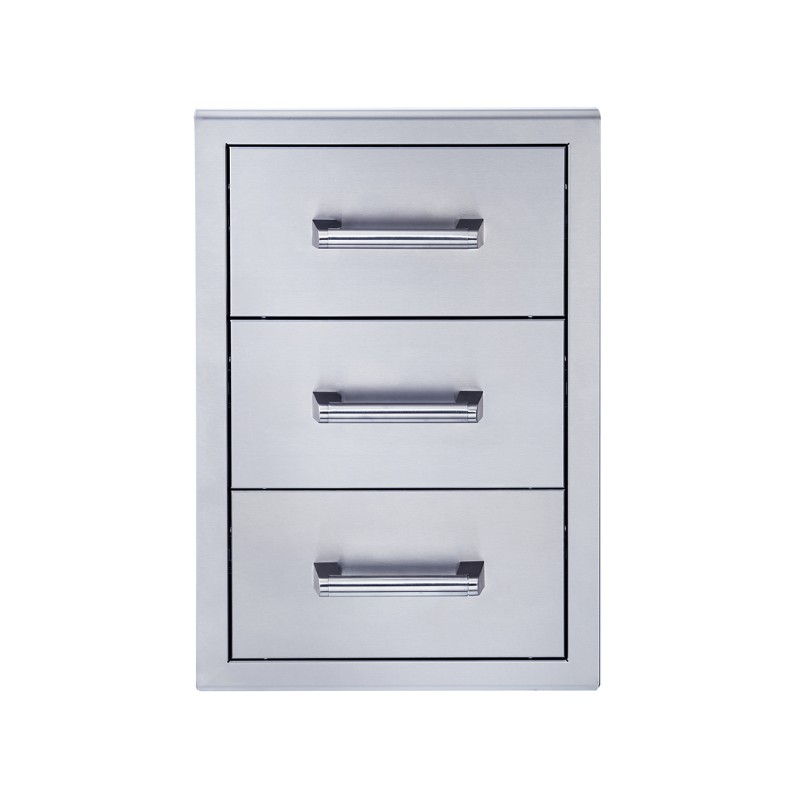 Stainless steel outdoor kitchen drawer unit with three spacious drawers and sleek handles for efficient storage.