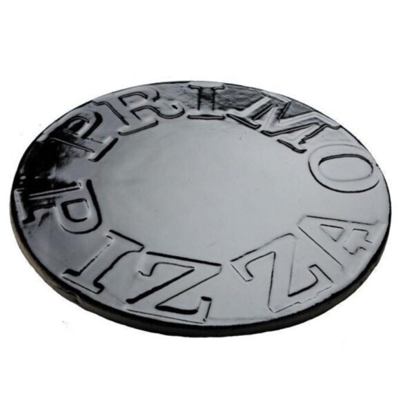 Black pizza stone with engraved "Primo Pizza" design, ideal for baking authentic pizzas at home.