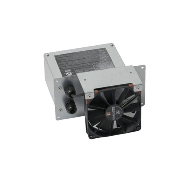Compact electric fan unit with metal housing and attached cooling components, designed for efficient airflow and temperature regulation in various applications.