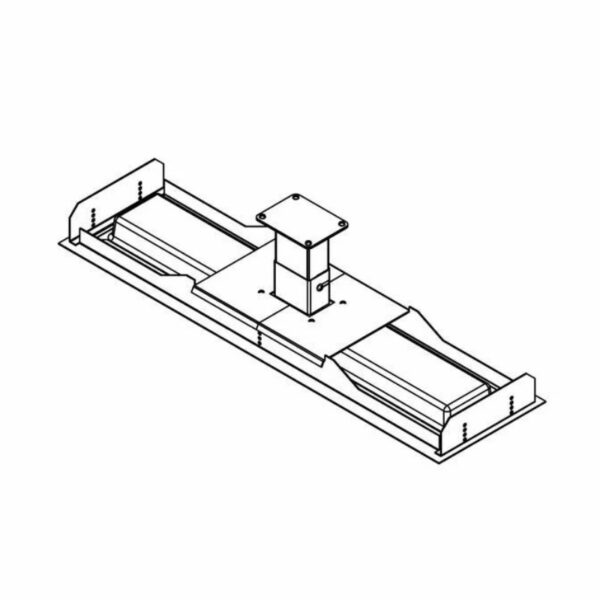 Technical drawing of a mechanical linear actuator system with mounting plate and guide rails for precision movement applications.