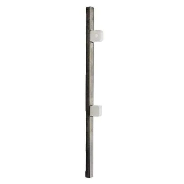 Metal fence post with white mounting brackets for easy installation. Ideal for securing fencing and enhancing outdoor spaces.