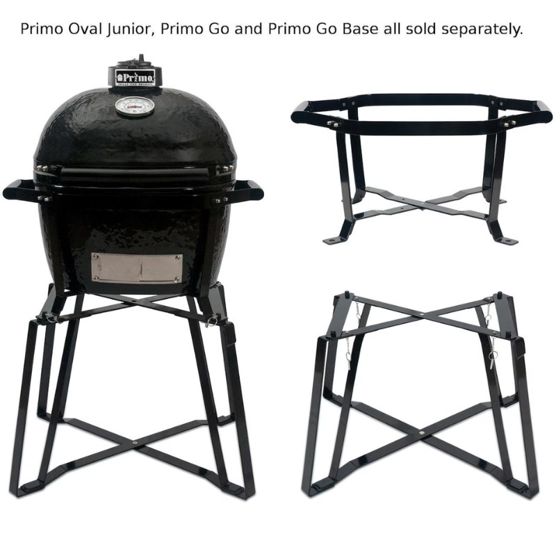 Primo Oval Junior grill with optional Primo Go and Primo Go Base, showcasing versatile outdoor cooking options.