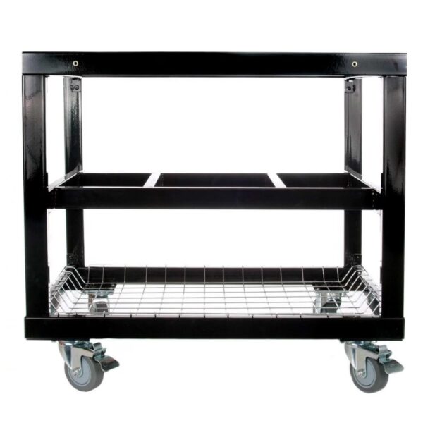 Black metal utility cart with two shelves and wheels for easy mobility. Ideal for storage and organization in kitchens or workshops.
