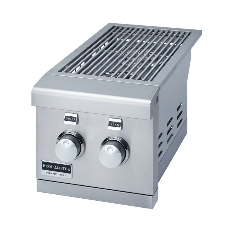 Stainless steel Broilmaster premium grill with two control knobs for front and rear heat settings, featuring a slotted grilling surface.