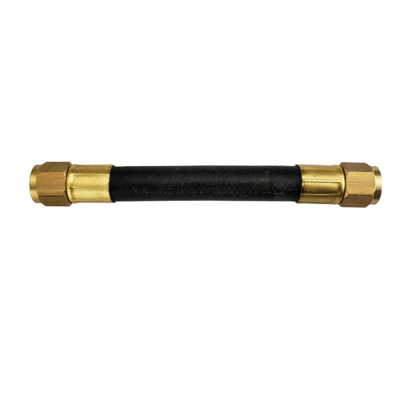 Black rubber hose with brass fittings on both ends, ideal for plumbing and hydraulic applications.