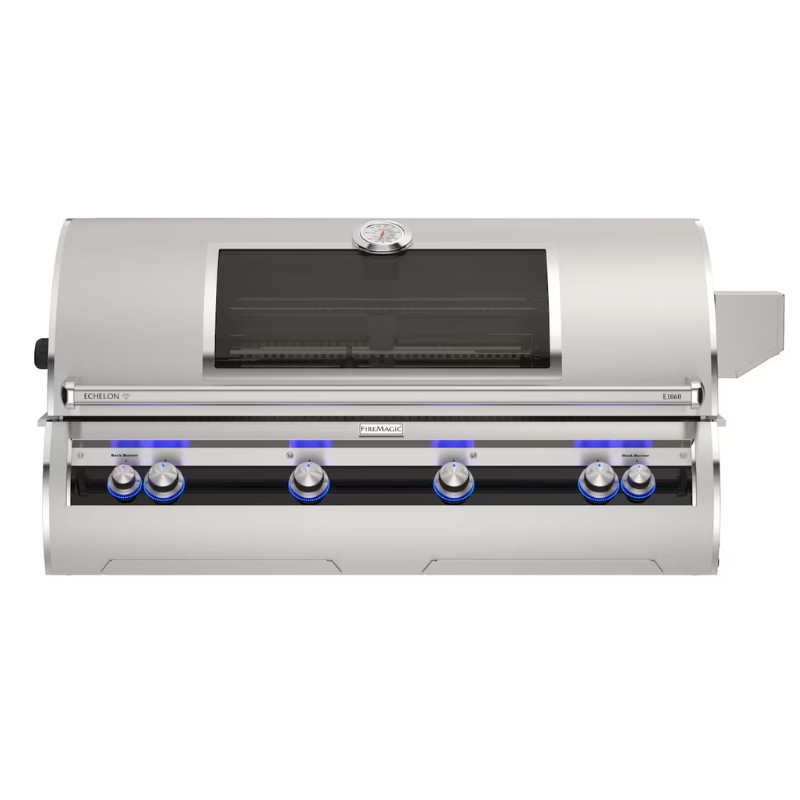 Fire Magic Echelon E1060 gas grill featuring stainless steel construction, a glass viewing window, and illuminated control knobs for enhanced grilling experience.