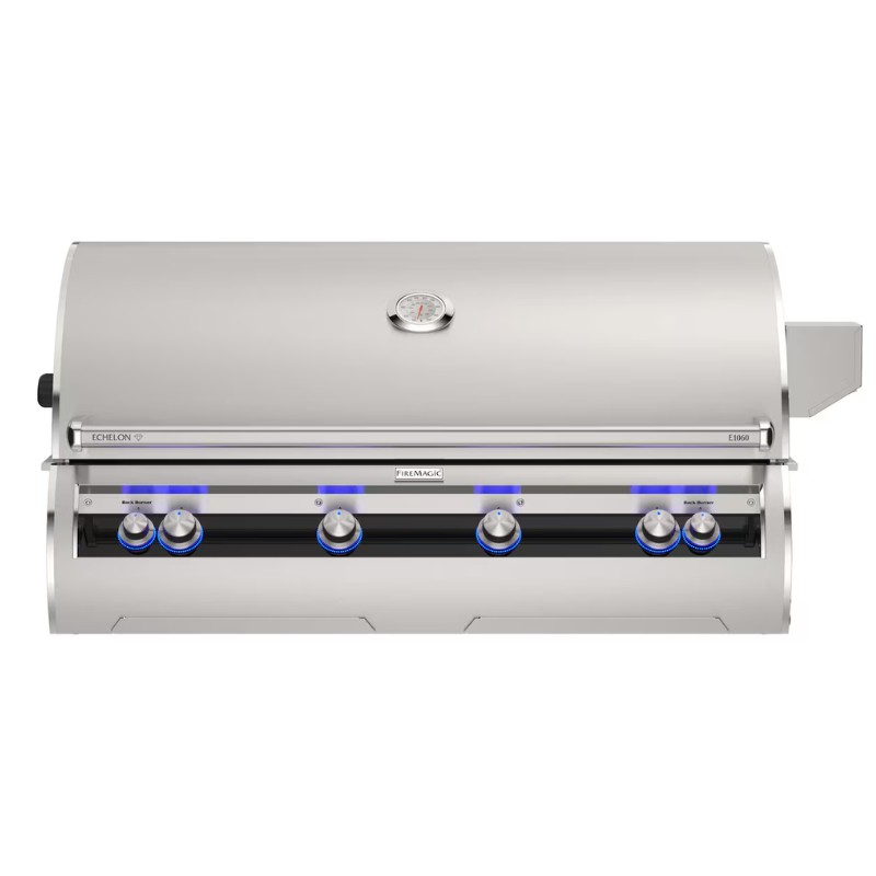 Stainless steel outdoor gas grill with four burners, illuminated control knobs, and a built-in thermometer for precise cooking.