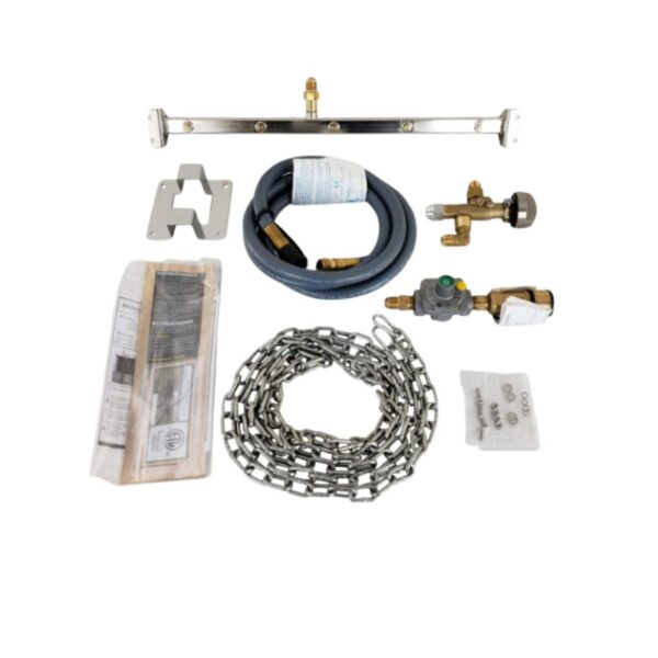 Gas burner installation kit featuring a stainless steel manifold, gas hose, pressure regulator, mounting bracket, chain, and accessories for secure setup.