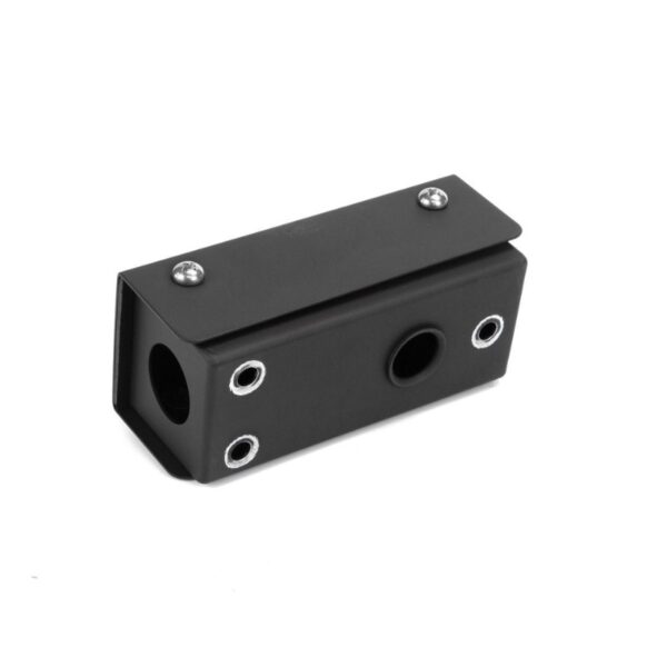 Black metal block with mounting holes, designed for mechanical applications or as a structural component.