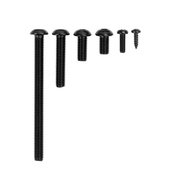 Assorted black screws and bolts of varying lengths and sizes arranged in a line.