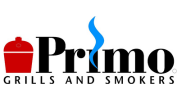 Primo Grills and Smokers logo featuring a red grill icon and blue smoke, representing premium outdoor cooking equipment.
