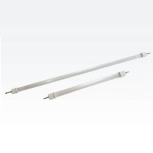 Two fluorescent light tubes of varying lengths, showcasing a white casing and end caps, suitable for residential or commercial lighting applications.