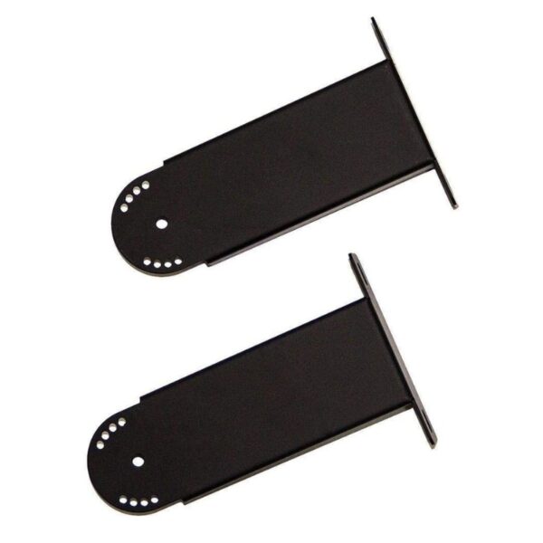 Black metal mounting brackets for furniture or equipment installation, featuring multiple holes for adjustable positioning. Suitable for various applications.