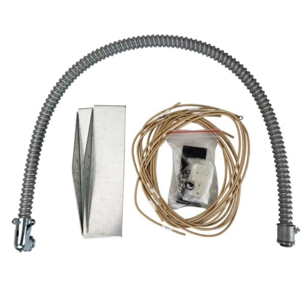Electrical conduit kit including flexible metal conduit, junction box, wire, and accessories for electrical installations.