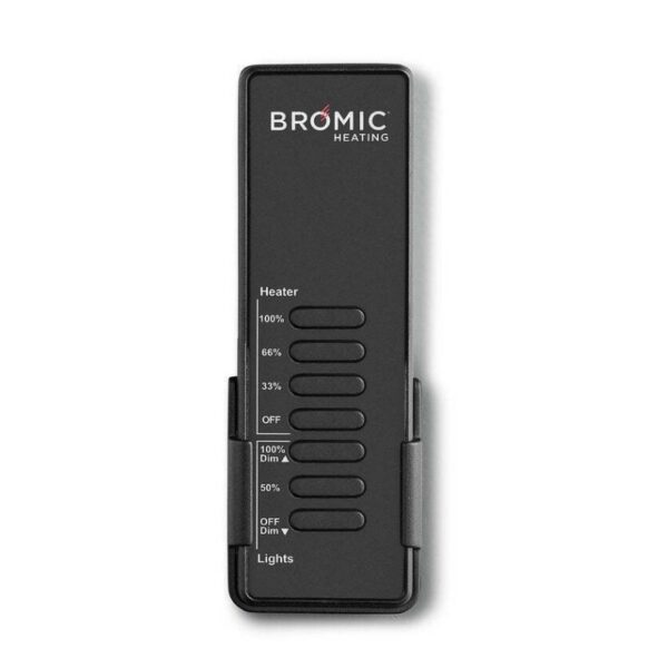 Bromic Heating remote control with adjustable heater settings and light dimming options.