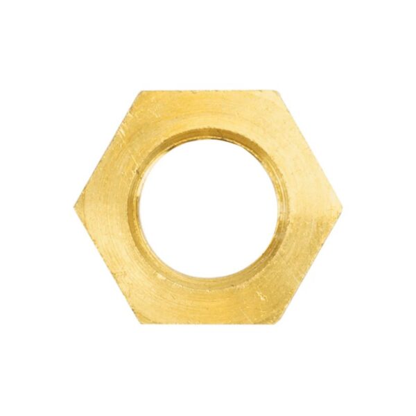 Brass hex nut with a central hole, used for fastening and securing components in construction and mechanical applications.