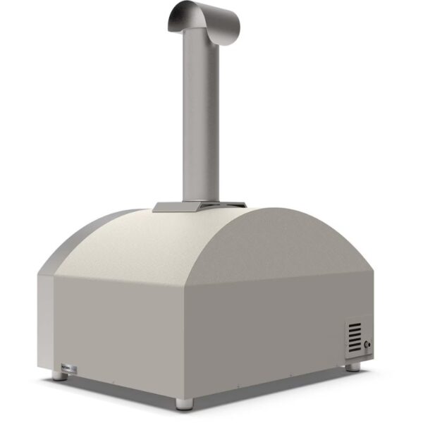 Compact outdoor pizza oven with a curved metallic design and chimney for smoke ventilation, ideal for backyard cooking.