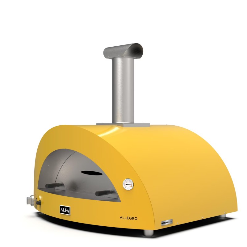 Yellow wood-fired pizza oven with a curved design, featuring a chimney and a viewing window, suitable for outdoor cooking.