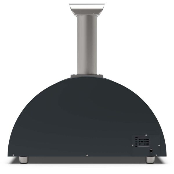 Outdoor pizza oven with a sleek black design and a silver chimney, designed for efficient heat retention and cooking.