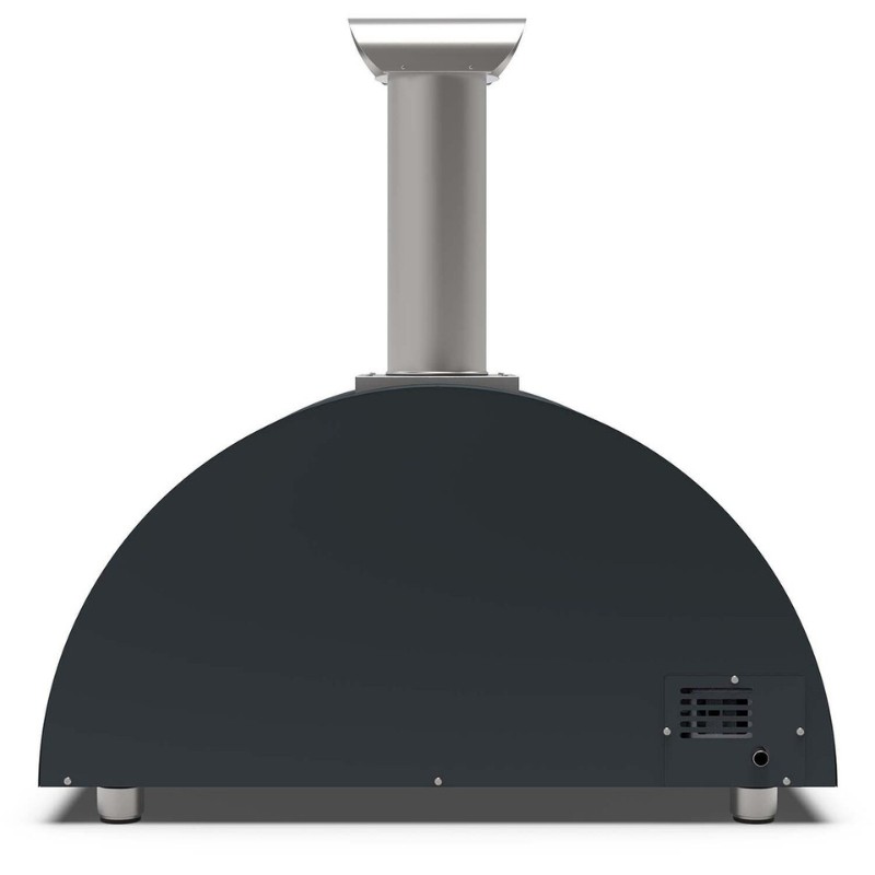 Outdoor pizza oven with a sleek black design and a silver chimney, designed for efficient heat retention and cooking.