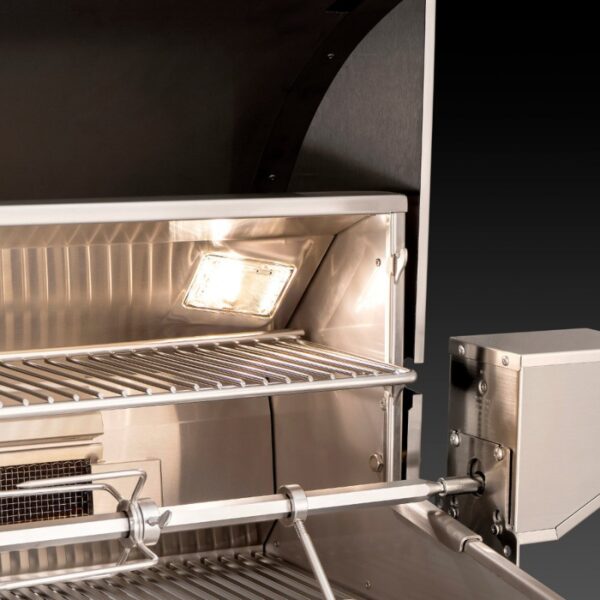 Close-up of a modern stainless steel grill interior showcasing a well-lit cooking area with metal grates and a rotisserie feature, ideal for outdoor cooking enthusiasts.