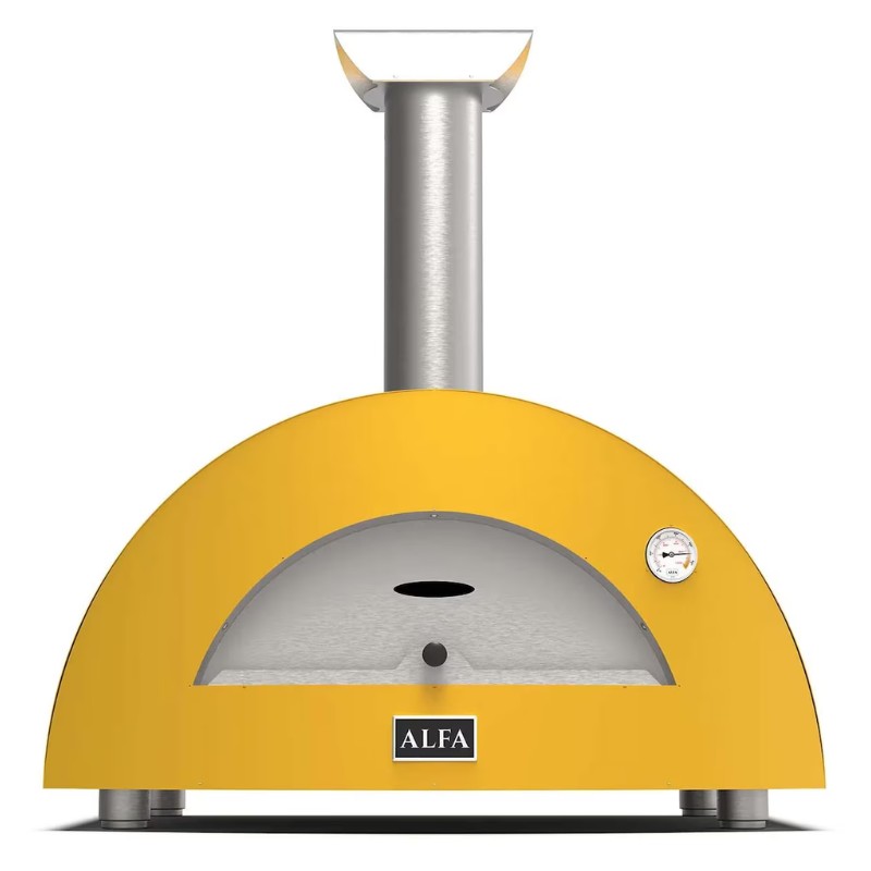 Yellow outdoor pizza oven with a stainless steel chimney and built-in thermometer. Ideal for cooking authentic wood-fired pizzas.