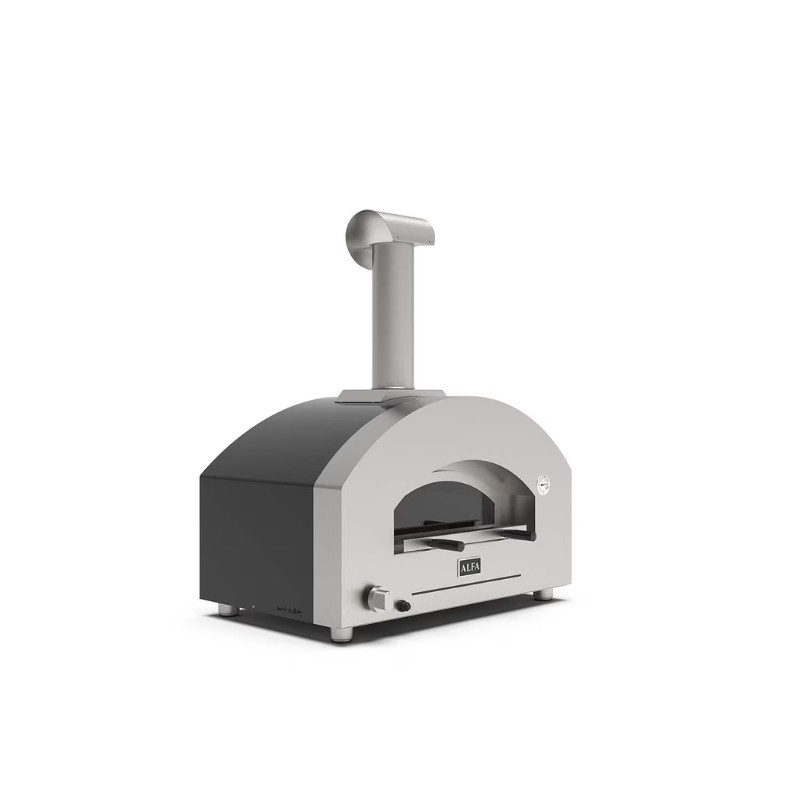 Modern outdoor pizza oven with a gray and silver design, featuring a chimney and front opening for cooking. Ideal for backyard gatherings and homemade pizza.