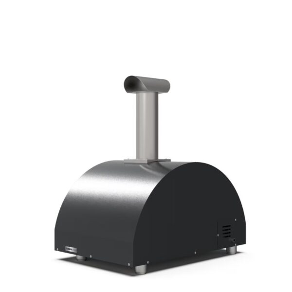Portable outdoor pizza oven with a stainless steel chimney and a sleek black base, designed for efficient cooking.