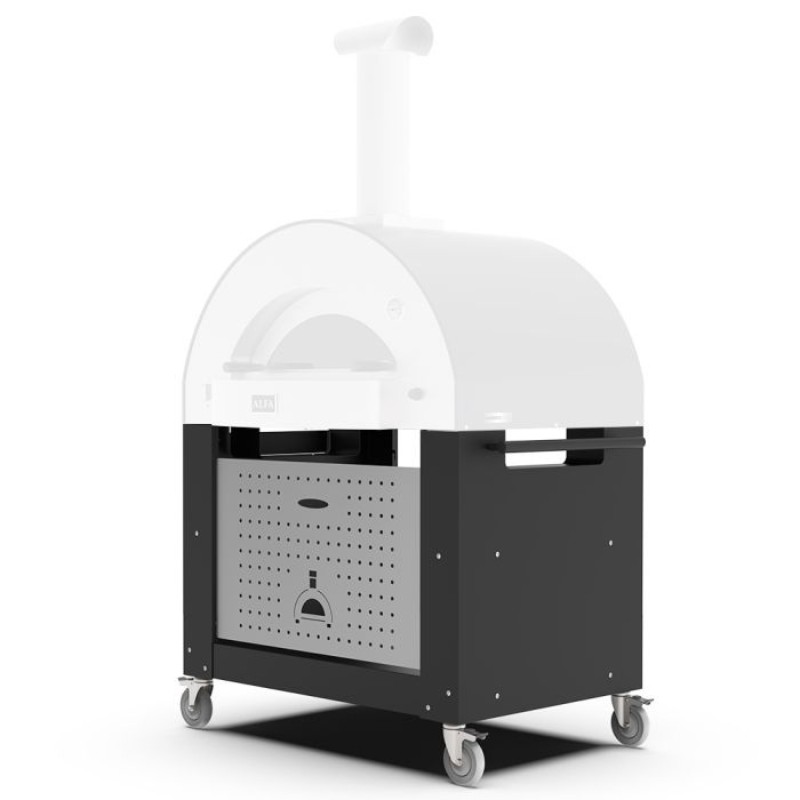 Outdoor pizza oven on wheels with a curved dome design and perforated storage compartment for fuel. Ideal for backyard cooking and entertaining.