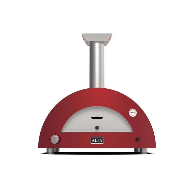 Alfa red wood-fired pizza oven featuring a rounded design, chimney, and temperature gauge, ideal for outdoor cooking.