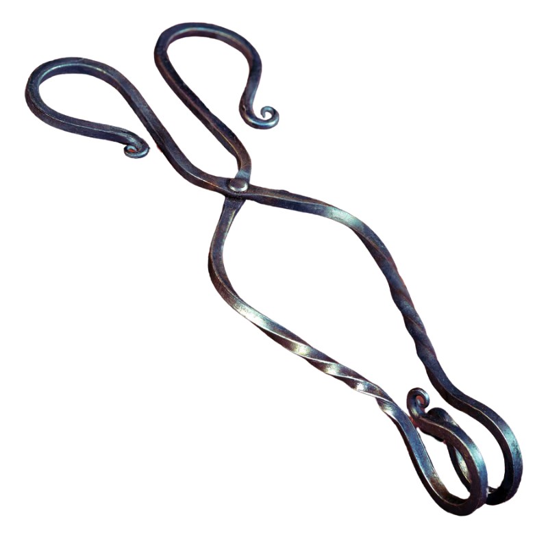 Handcrafted metal kitchen tongs with a twisted design, featuring curled handles for a secure grip.