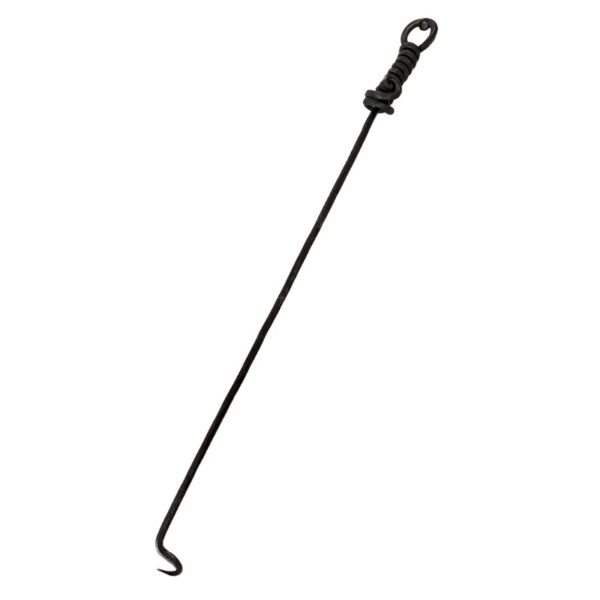 Black metal hook tool with a coiled handle and a curved end, commonly used for lifting or pulling objects.